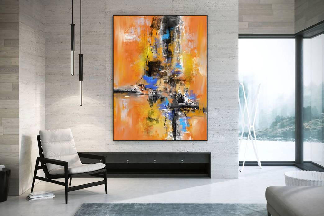 Blue Hand-painted Black Palette Yellow Abstract Canvas Artwork 4GIE7